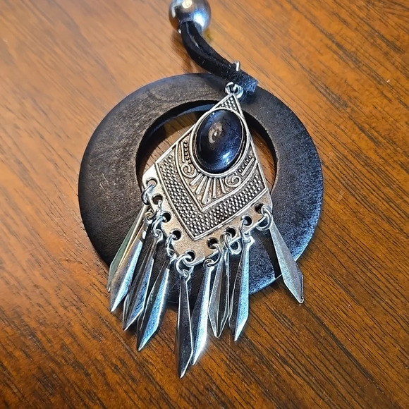 Antique Silver Rhinestone Inlaid Black Turquoise Tassel Earrings, Double-layer P - Picture 2 of 10